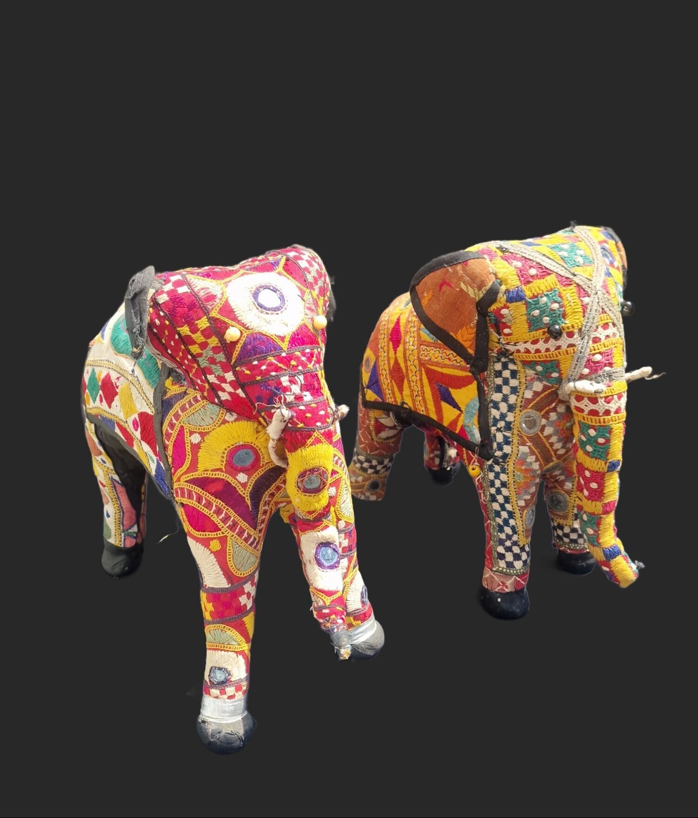 Vintage Rajasthani Embroidered Elephant Pair Handcrafted Textile Sculptures From India