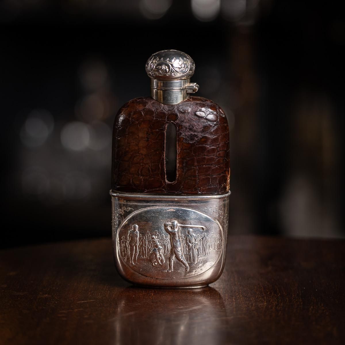 Antique 20thc Novelty Silver Plate & Crocodile Leather Golfing Hip Flask C.1920 photo furniture