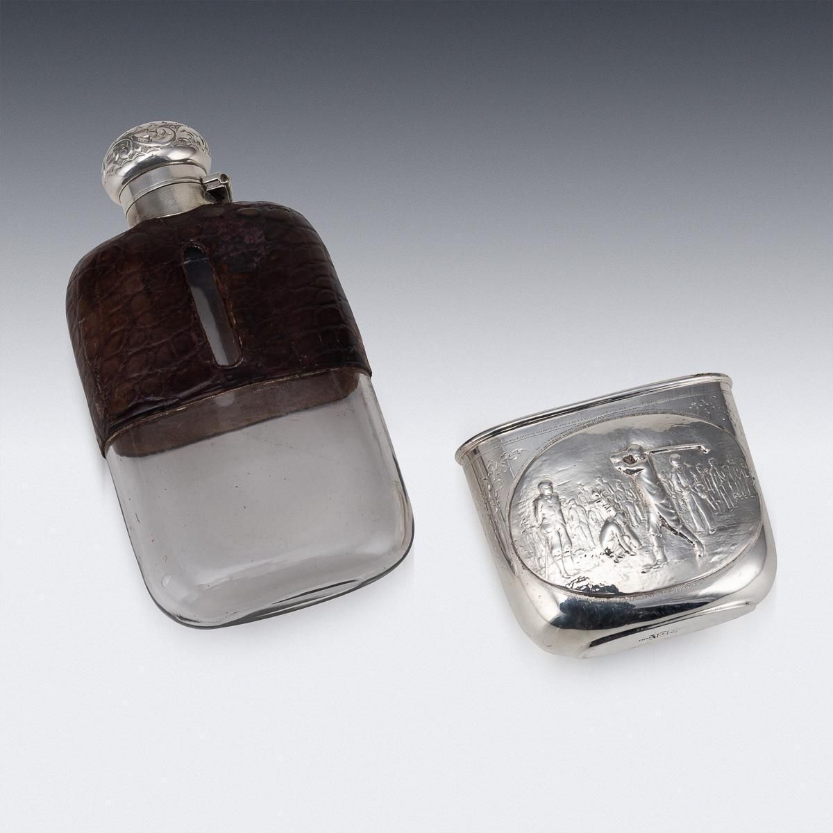 Antique 20thc Novelty Silver Plate & Crocodile Leather Golfing Hip Flask C.1920 photo 1625.0