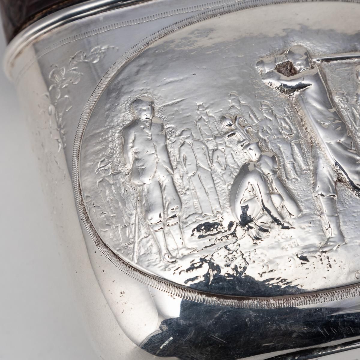 photo for sale Antique 20thc Novelty Silver Plate & Crocodile Leather Golfing Hip Flask C.1920