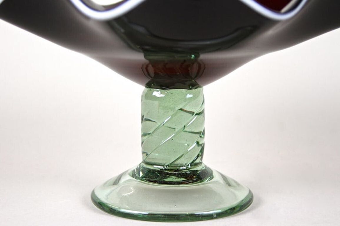20th Century Dark Red Murano Glass Bowl/ Centerpiece With Green Base, Ca. 1970 photo Home Decor
