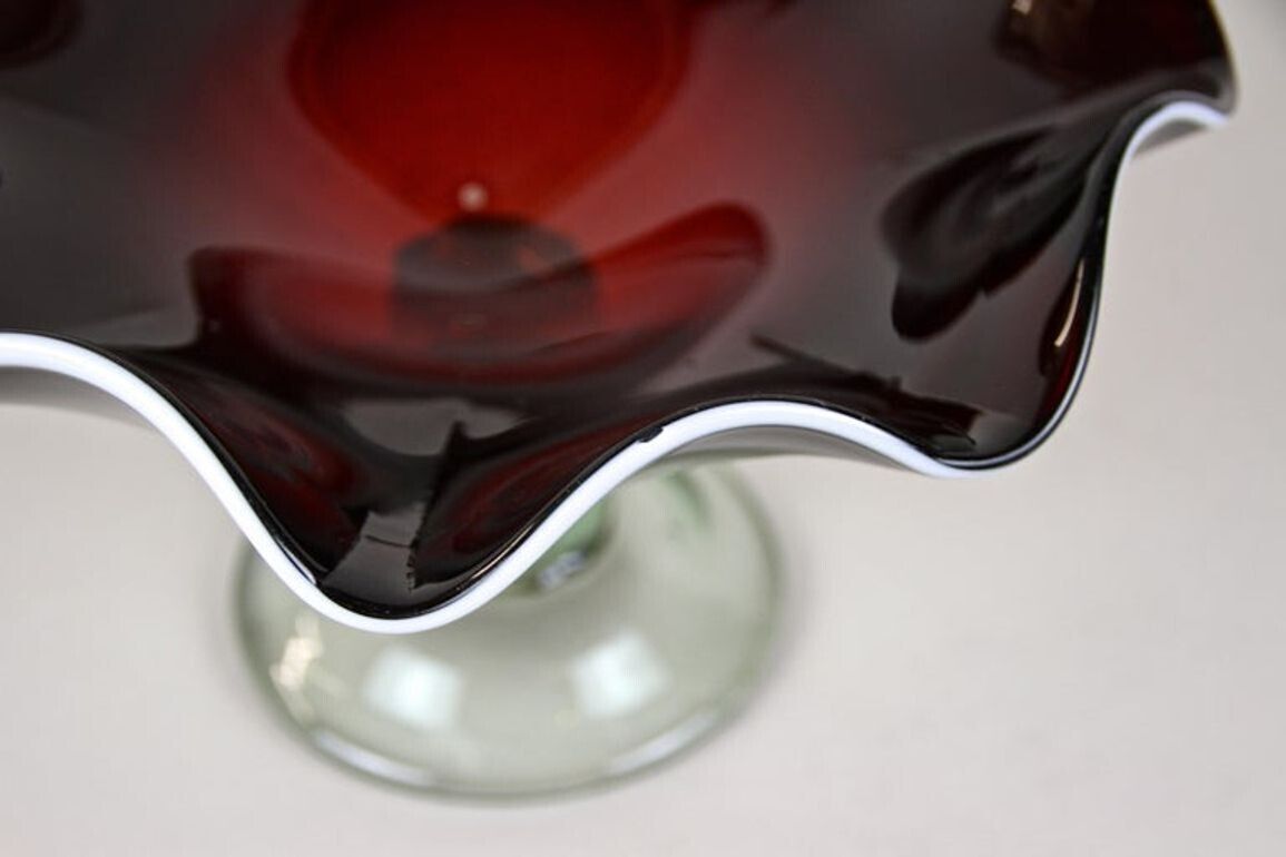 20th Century Dark Red Murano Glass Bowl/ Centerpiece With Green Base, Ca. 1970 photo vintage