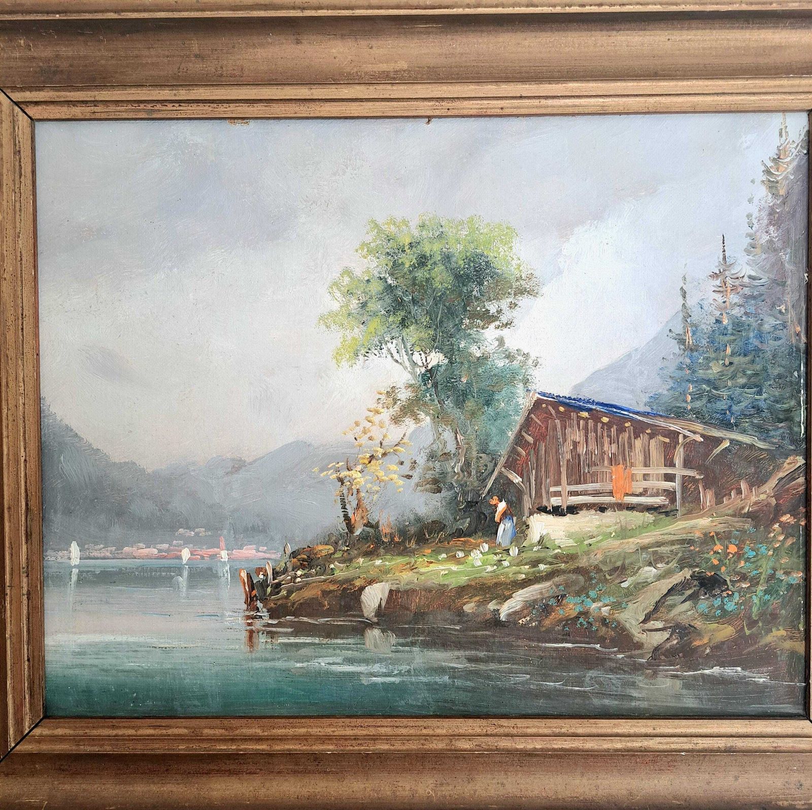 Antique Oil Painting Of An Alpine Chalet And Lake Landscape | Framed | 19th Century photo for sale
