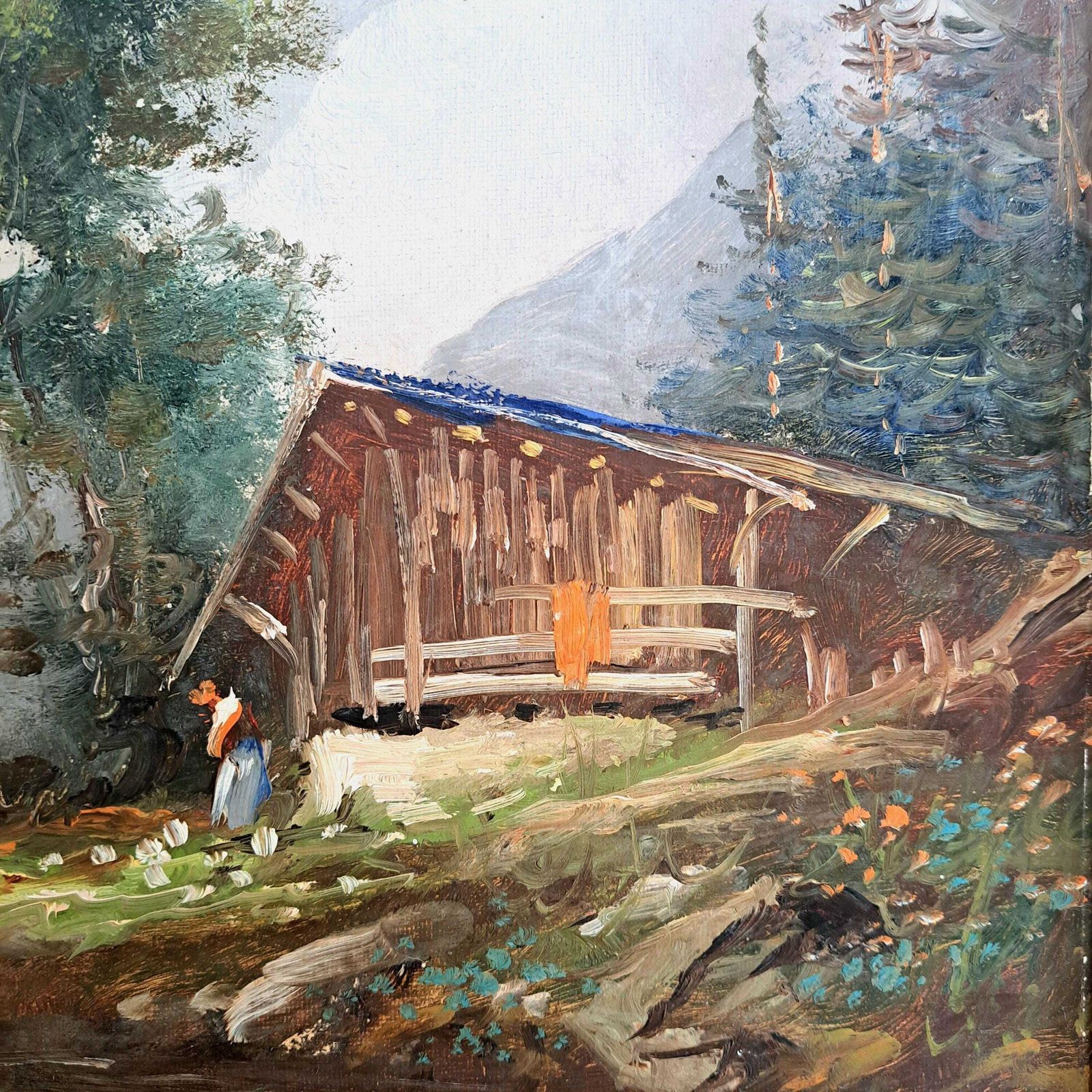 Antique Oil Painting Of An Alpine Chalet And Lake Landscape | Framed | 19th Century photo Art