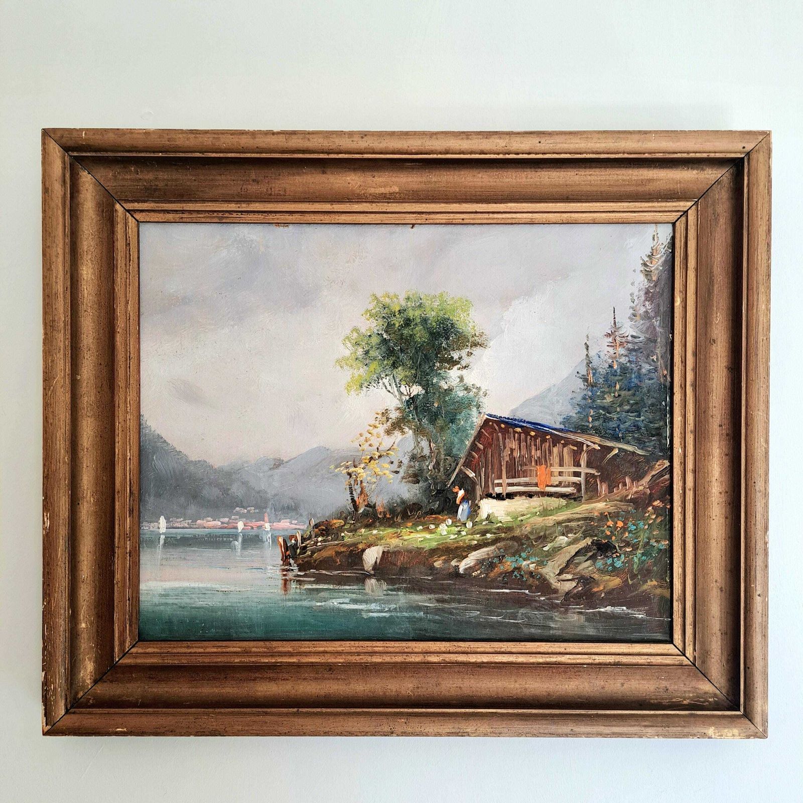 Antique Oil Painting Of An Alpine Chalet And Lake Landscape | Framed | 19th Century photo vinterior