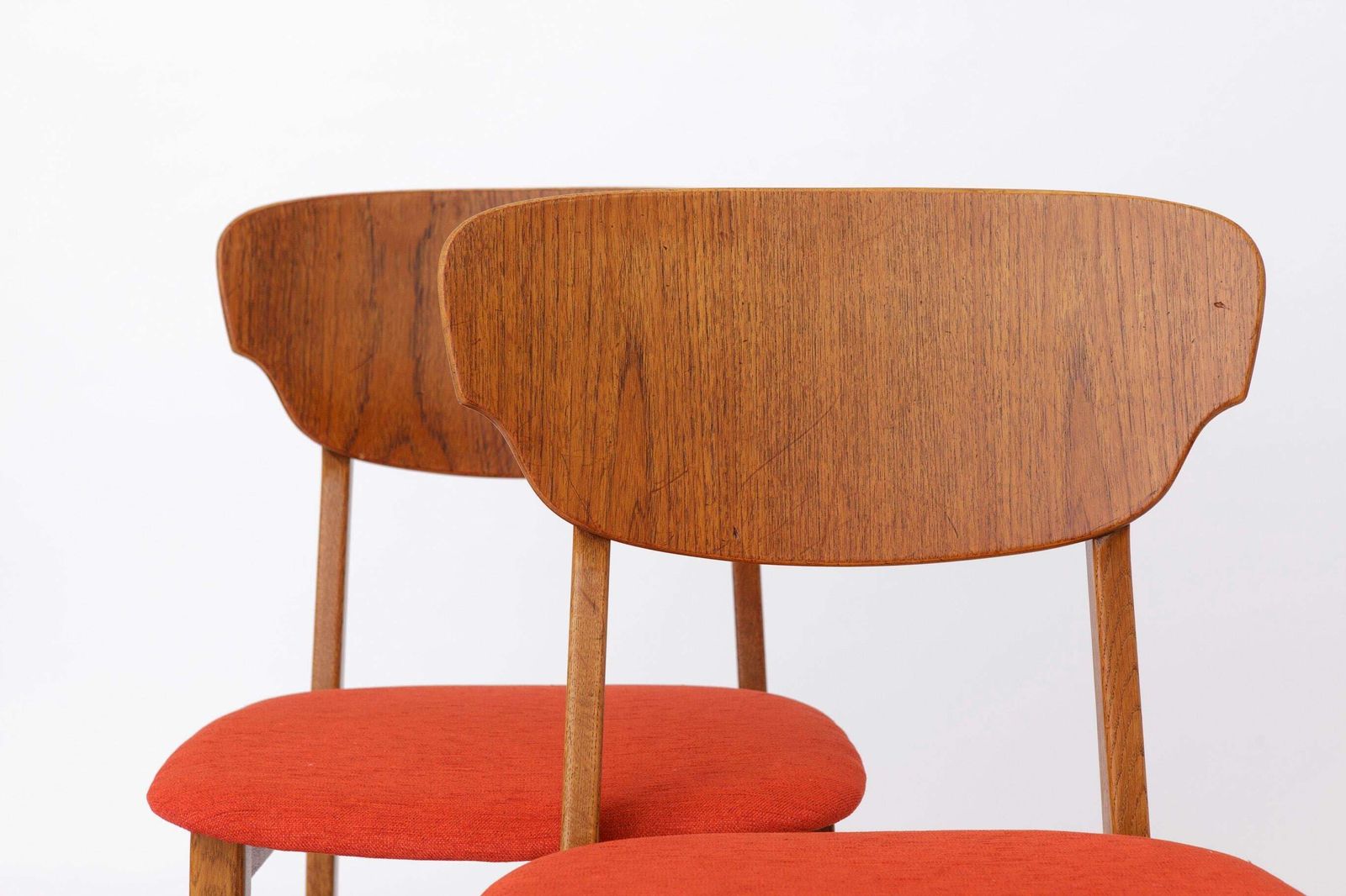 Set Of 4 Danish Dining Chairs – Teak & Oak, 1960s, Red Orange Upholstery photo for sale
