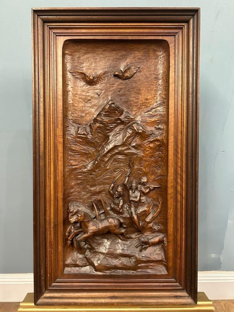 Black Forest Carved Horse Relief Panel German Hunting Scene 1880