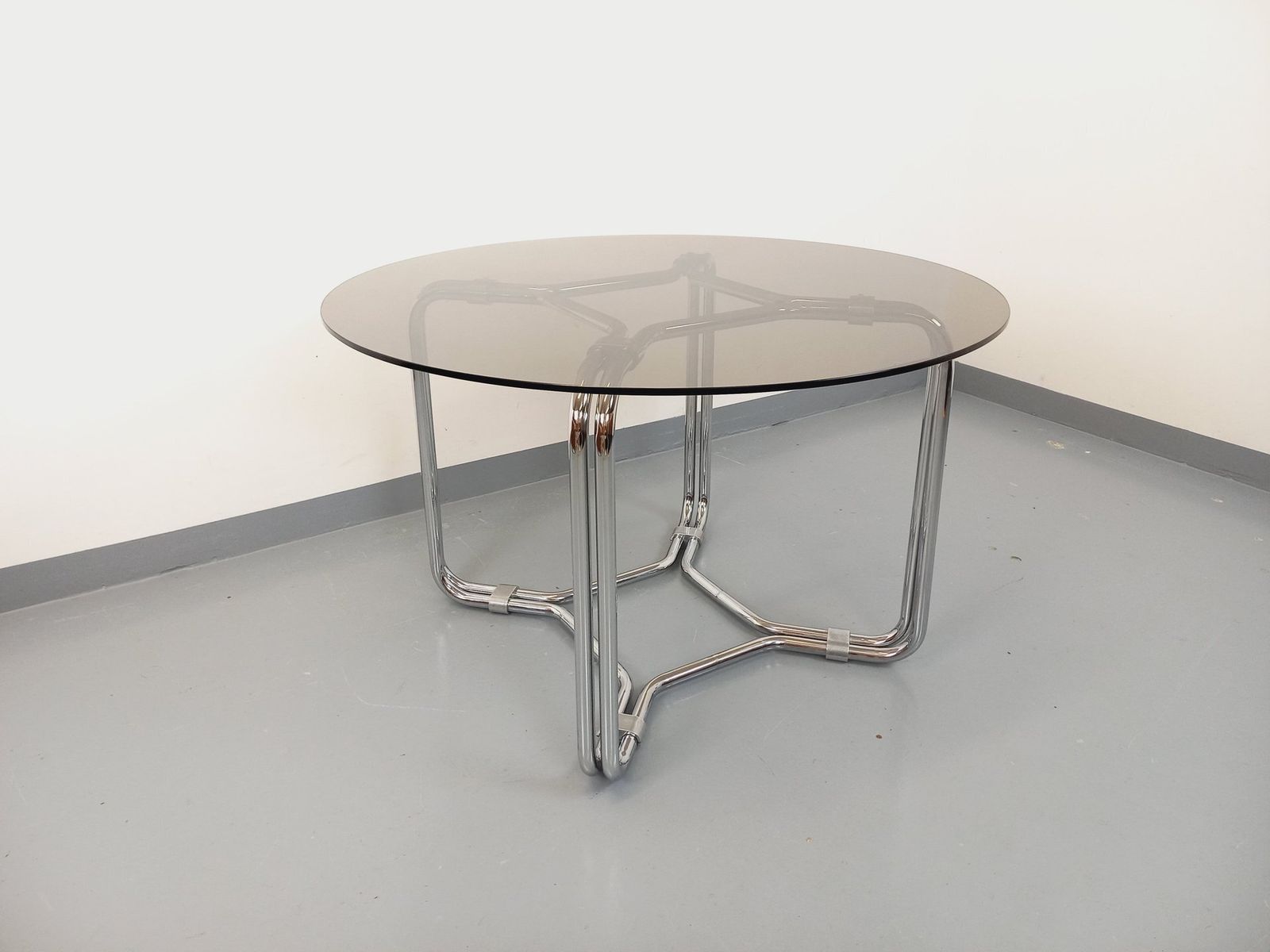 Space Age Round Table In Smoked Glass And Chrome Metal