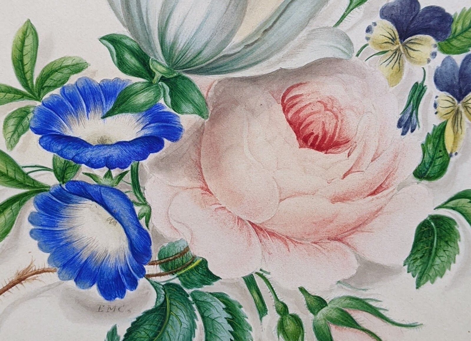 Antique Watercolour Painting Rose Blossom Maple Frame photo vinterior