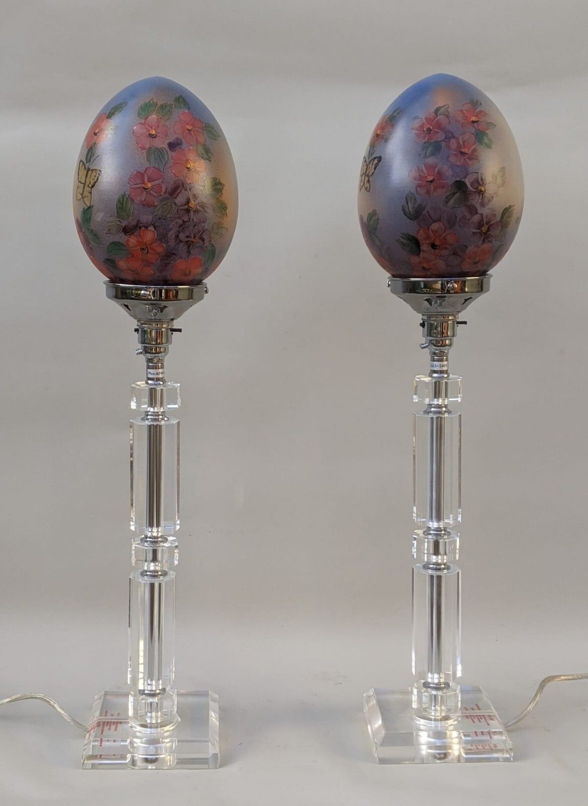 Large Pair Glass Lamps In Crystal With Hand Painted Art Deco Shades photo vinterior