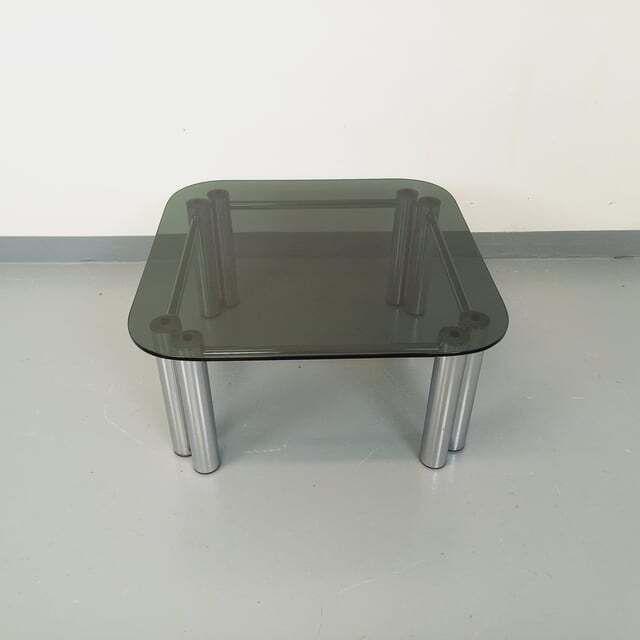 Space Age Italian Square Coffee Table In Smoked Glass And Chrome Metal photo Furniture