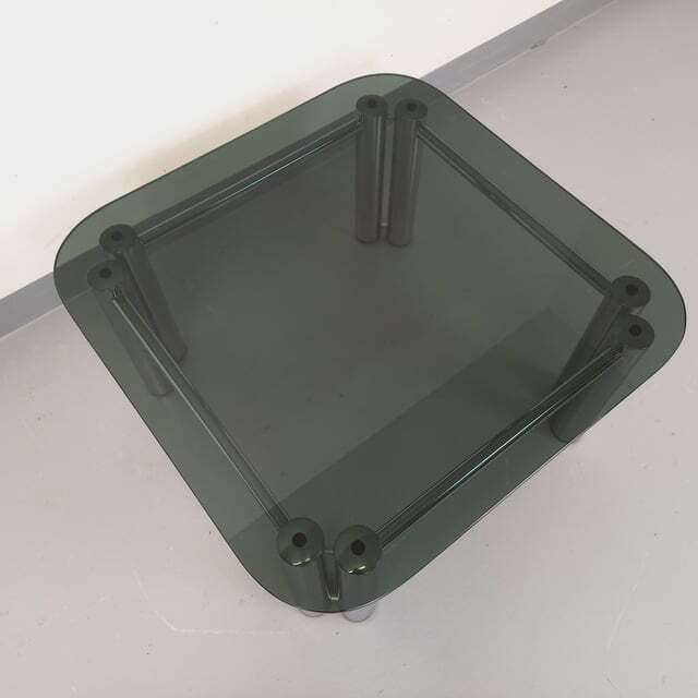 photo furniture Space Age Italian Square Coffee Table In Smoked Glass And Chrome Metal