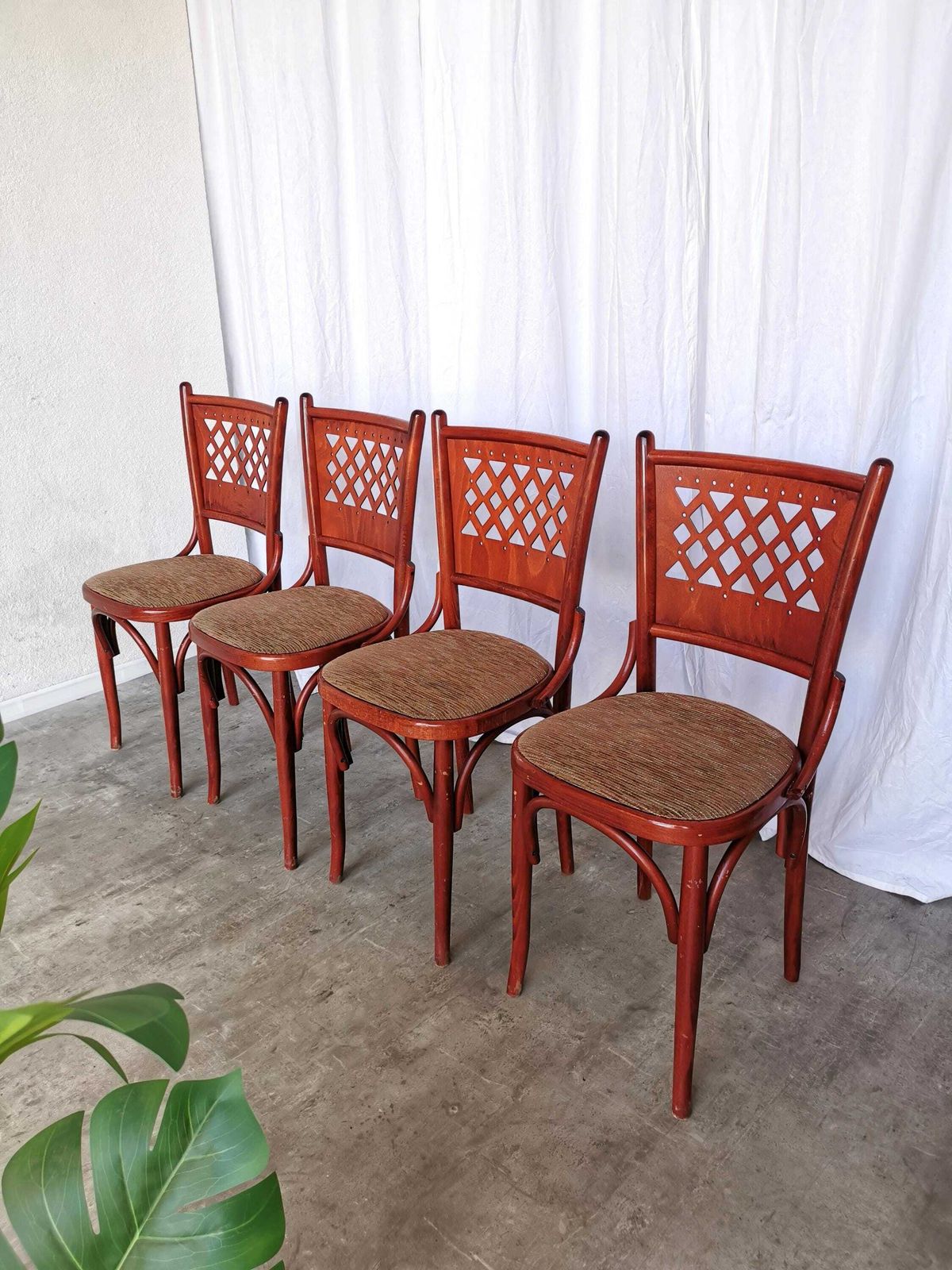 Set Of 4 Vintage Dining Chairs With Perforated Backrest In Reddish Wood With Brown Fabric Seat / 1980s Italy / Italian Bistro Dine Chair