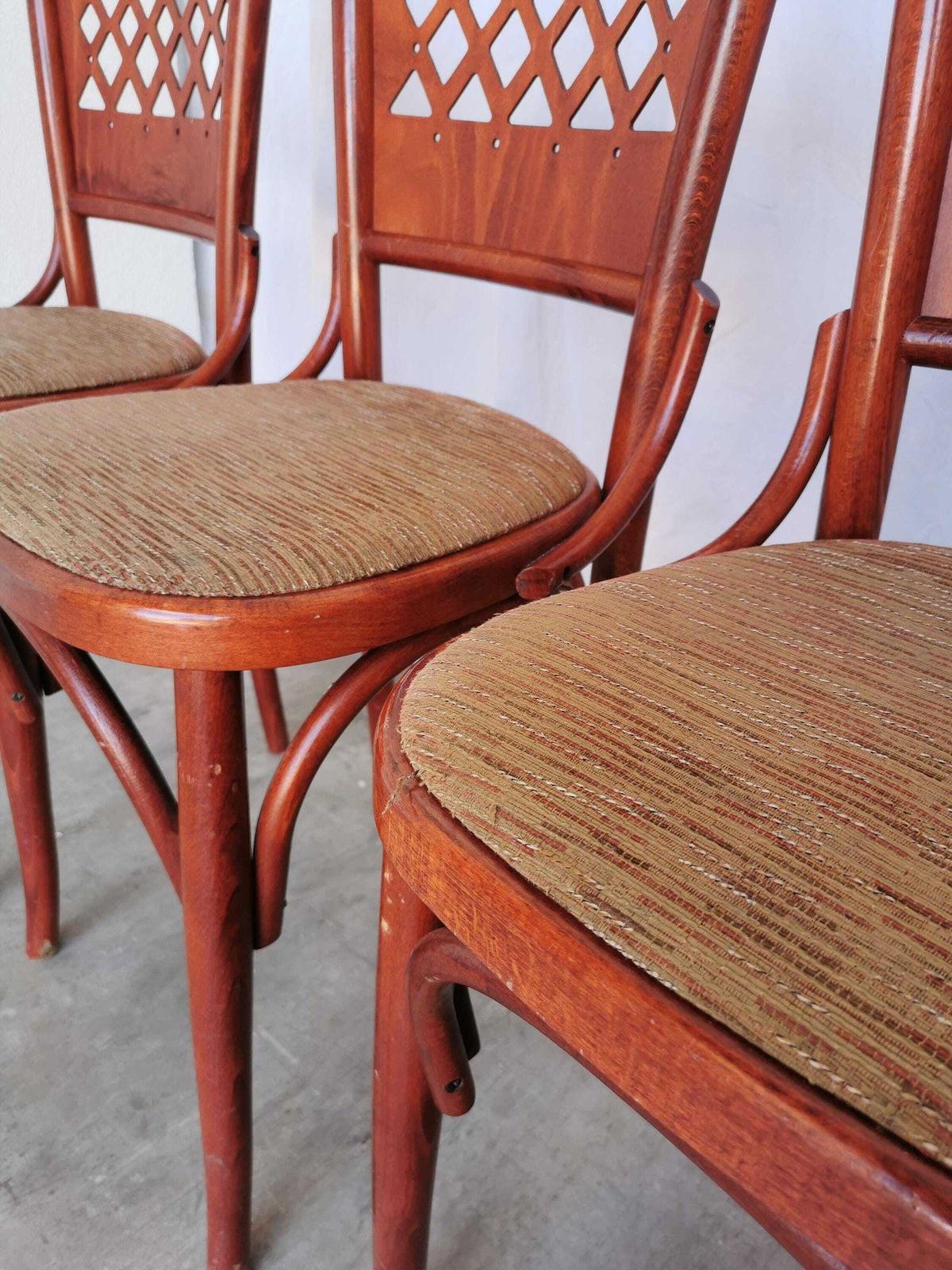 Set Of 4 Vintage Dining Chairs With Perforated Backrest In Reddish Wood With Brown Fabric Seat / 1980s Italy / Italian Bistro Dine Chair photo furniture