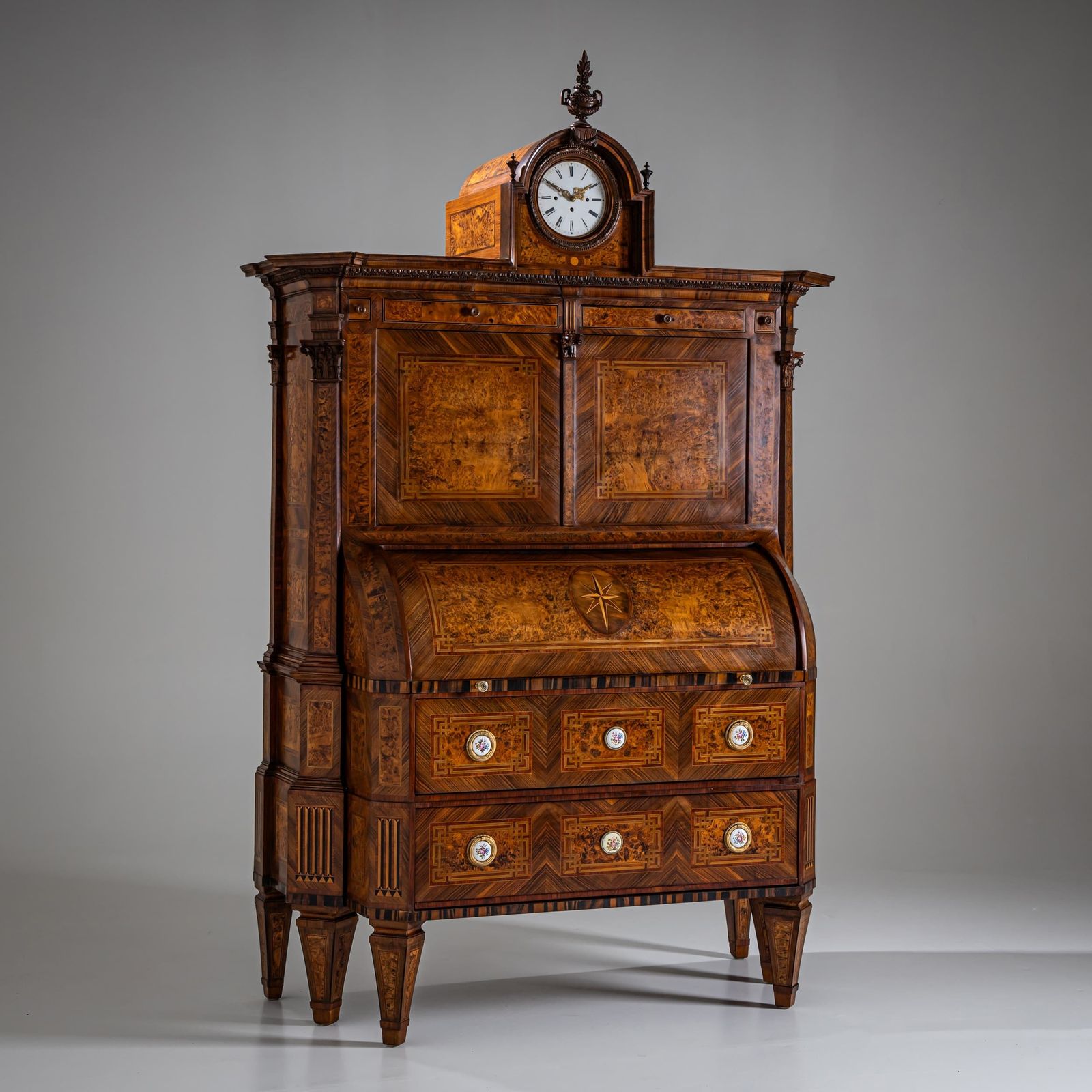 Neoclassical Cylinder Secretary Desk With Clock, Circa 1780