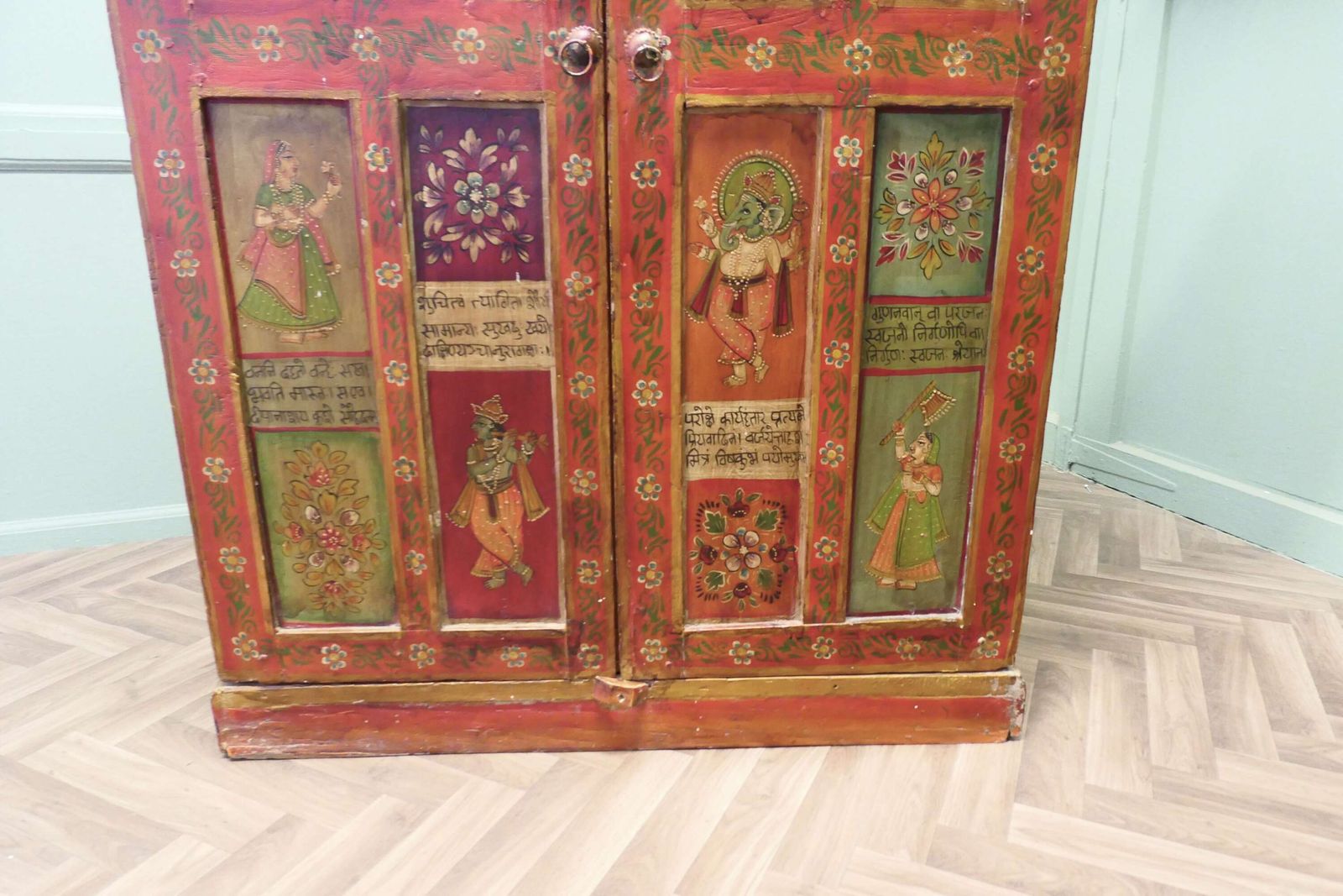 Tall Indian Folk Art Painted 5ft Shelved Cupboard photo for sale