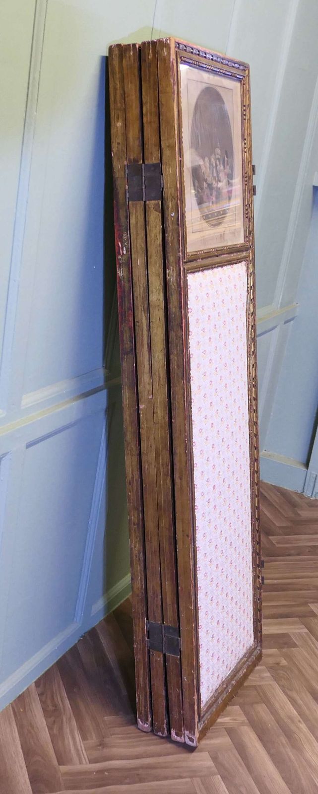 French Upholstered 4 Fold Screen, Gilt Mirror Room Divider photo vinterior