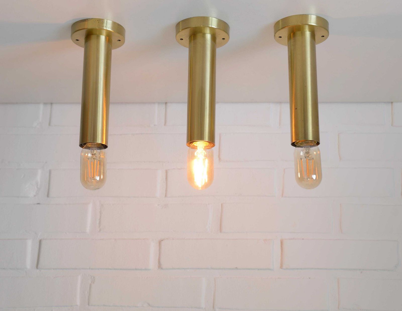 Set Of 3 Vintage Brass Sconces / Minimalist Style Ceiling Lights / Mid Century Modern Flush Mount Lighting 1980's / Home Bar Tube Lamps photo Lighting