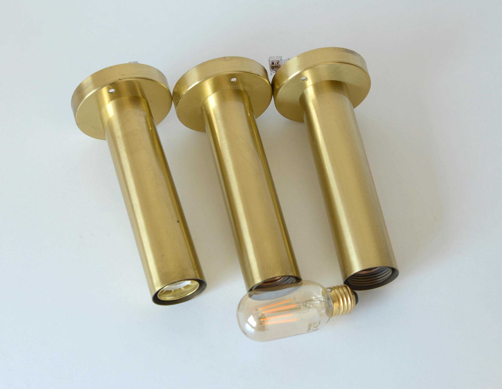 photo furniture Set Of 3 Vintage Brass Sconces / Minimalist Style Ceiling Lights / Mid Century Modern Flush Mount Lighting 1980's / Home Bar Tube Lamps