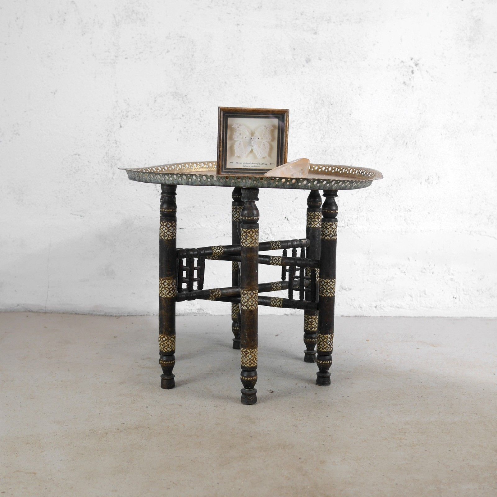 Antique Anglo Indian Pierced Brass Tray Top Folding Table Inlaid #102910 photo Furniture