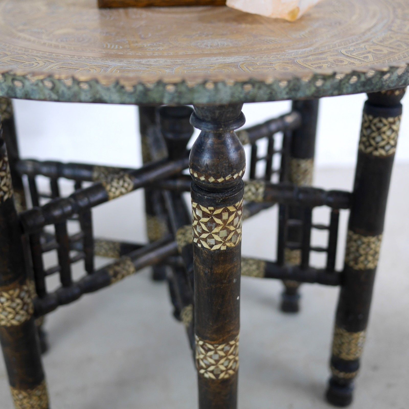 163.0 Antique Anglo Indian Pierced Brass Tray Top Folding Table Inlaid #102910 photo