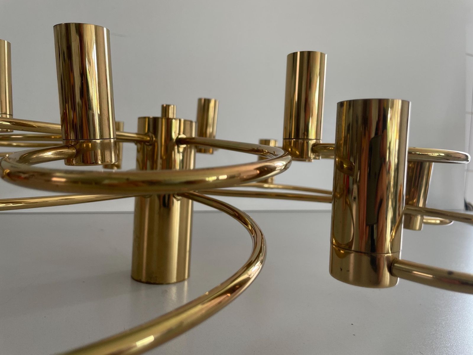Mid Century Modern 12 Armed Brass Body Flush Mount Light By Cosack, 1960s, Germany photo for sale