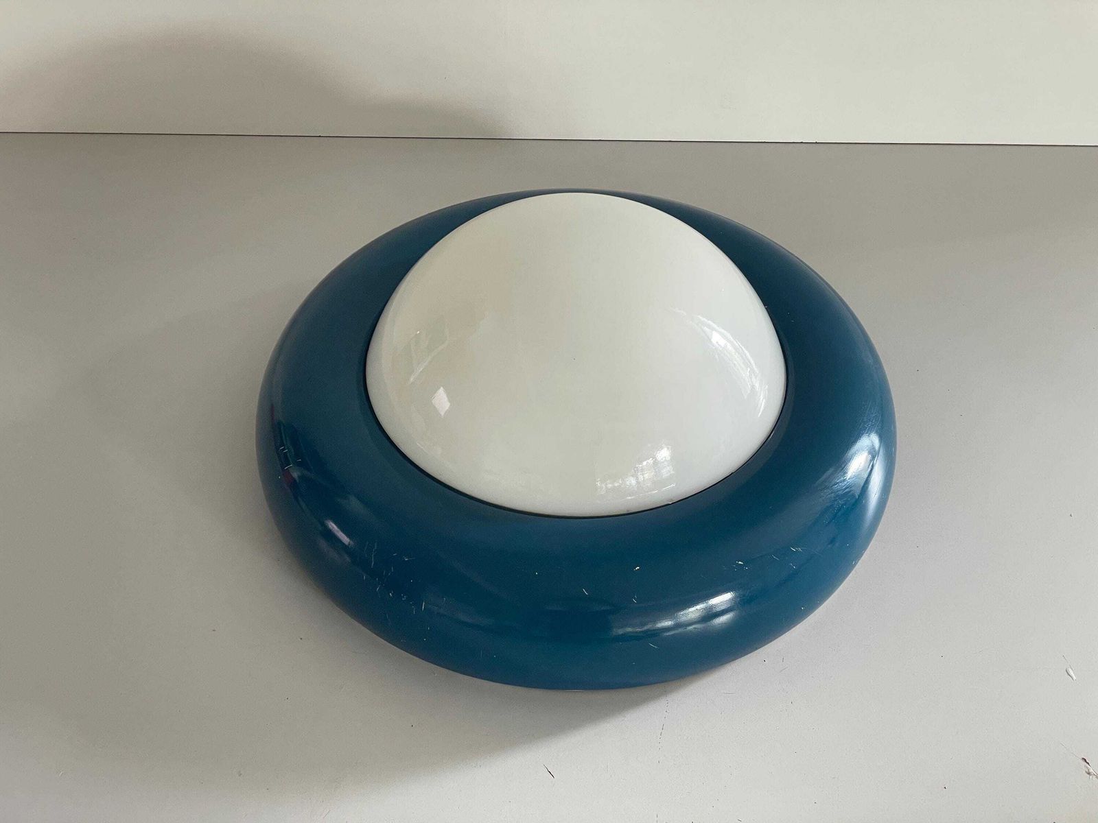 Opal Glass And Dark Blue Metal Body Flush Mount Light By Valenti, 1960s, Italy