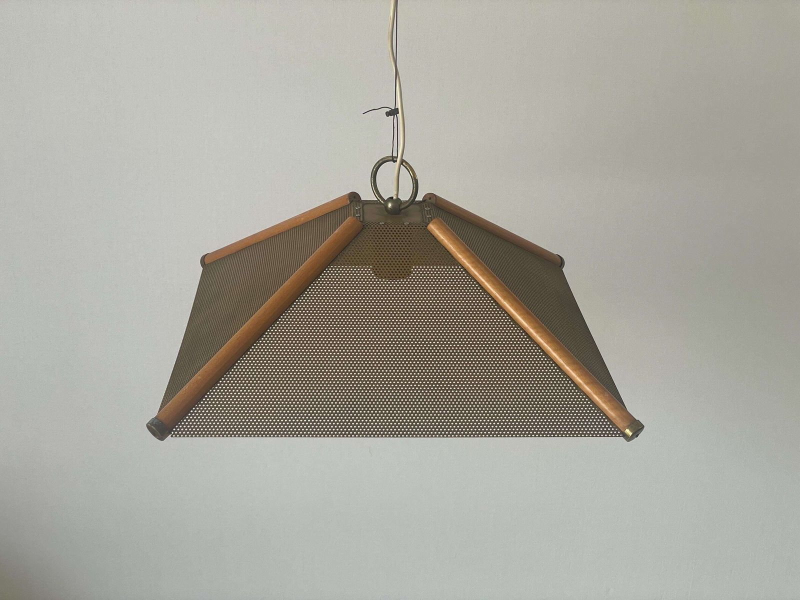 4 Leaves Wood Lines And Metal Body Pendant Lamp, 1960s, Italy photo Lighting