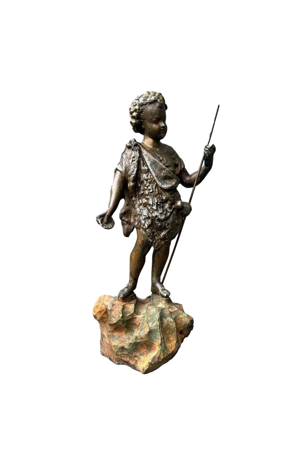 Antique French St. John The Baptist Statue, 19th, Spelter On Polychrome Olive Wood, Religious Art, Catholic Gift