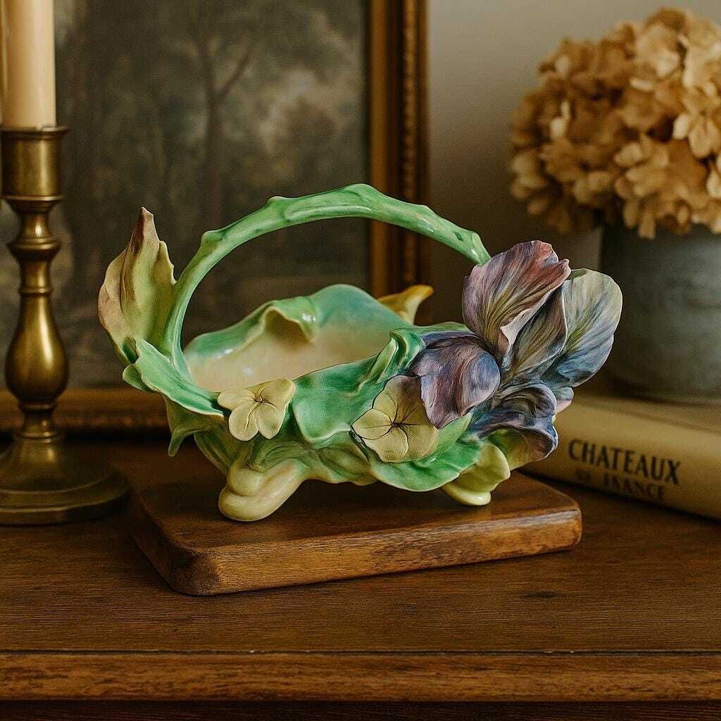 Antique French Majolica Planter Basket By Longchamp, 19th Century Terre De Fer, Iris Flower Jardinière, Hand Glazed Floral Barbotine