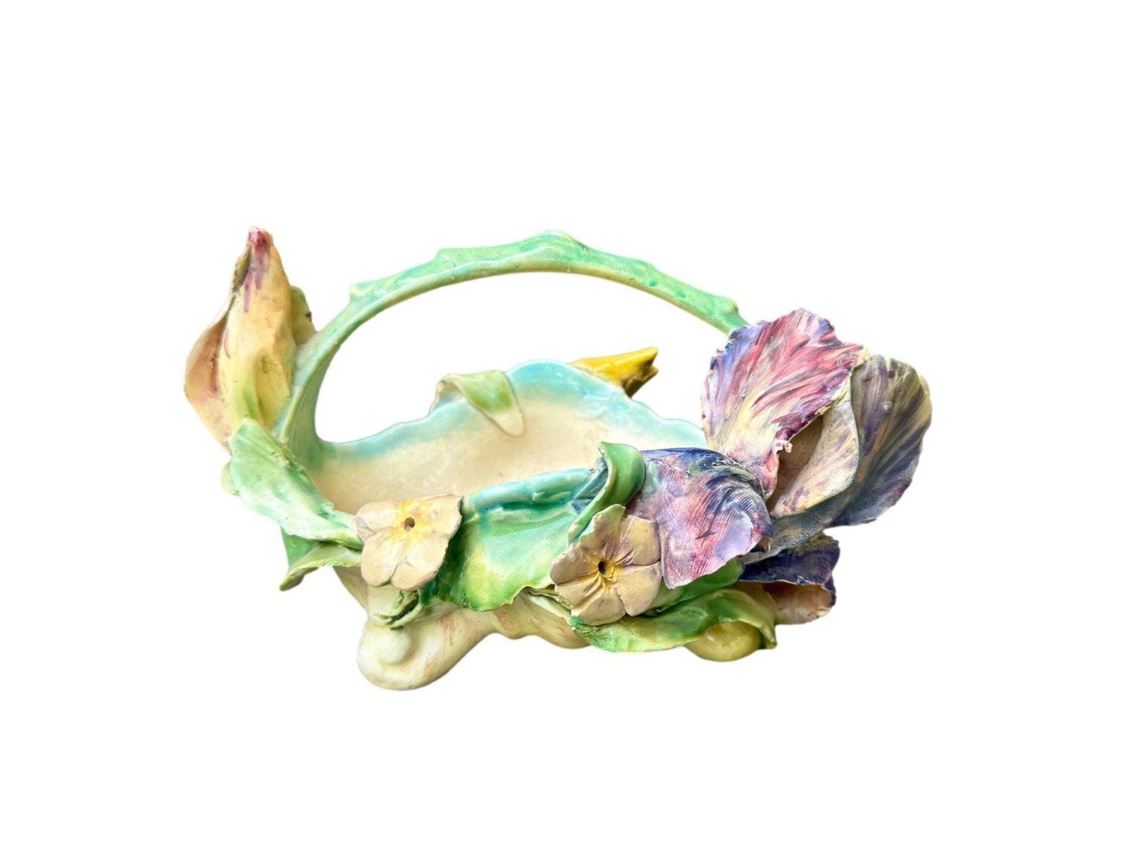 Antique French Majolica Planter Basket By Longchamp, 19th Century Terre De Fer, Iris Flower Jardinière, Hand Glazed Floral Barbotine photo furniture