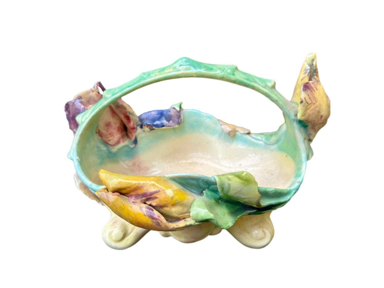 Antique French Majolica Planter Basket By Longchamp, 19th Century Terre De Fer, Iris Flower Jardinière, Hand Glazed Floral Barbotine photo for sale