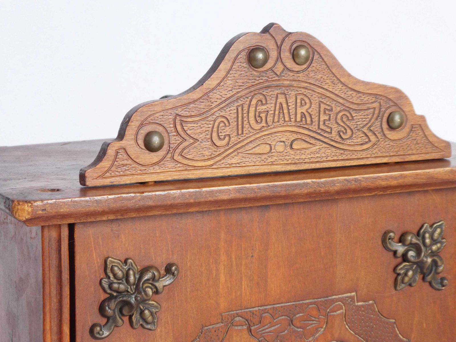 Antique Small Wooden Cabinet With Bronze Ornaments & Carved Details, Art Nouveau Cigar Cabinet With Lock And Key photo for sale