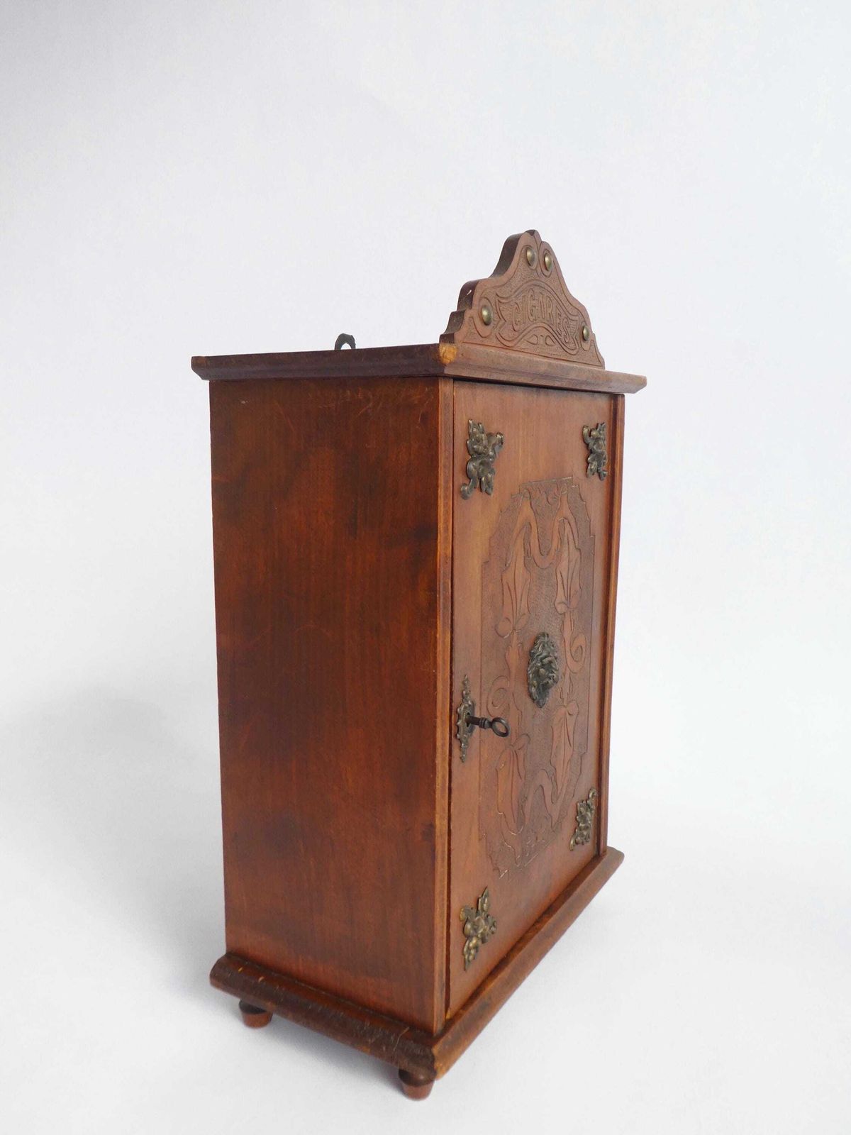 Antique Small Wooden Cabinet With Bronze Ornaments & Carved Details, Art Nouveau Cigar Cabinet With Lock And Key photo vinterior