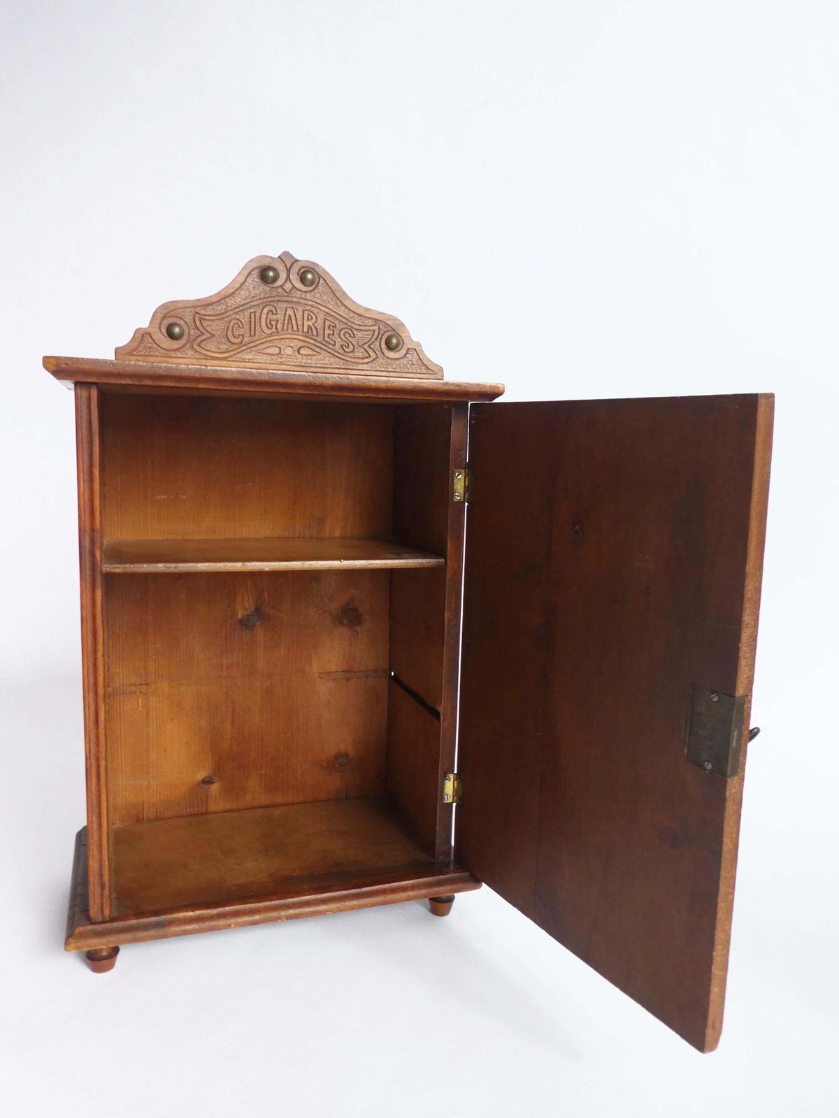 Antique Small Wooden Cabinet With Bronze Ornaments & Carved Details, Art Nouveau Cigar Cabinet With Lock And Key photo vintage