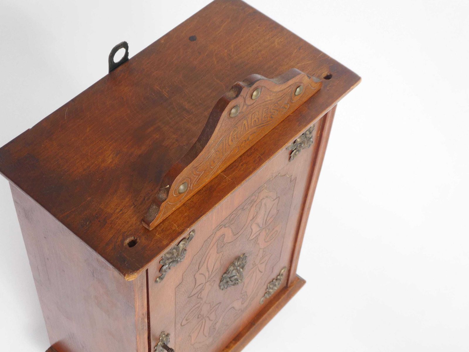 photo for sale Antique Small Wooden Cabinet With Bronze Ornaments & Carved Details, Art Nouveau Cigar Cabinet With Lock And Key