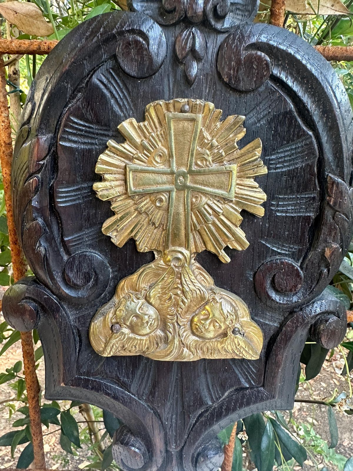 Antique French Wall Religious Plaque, Carved Oak & Gilt Bronze Cross With Cherubs, Rococo Devotional Wall Decor, 19th photo Art