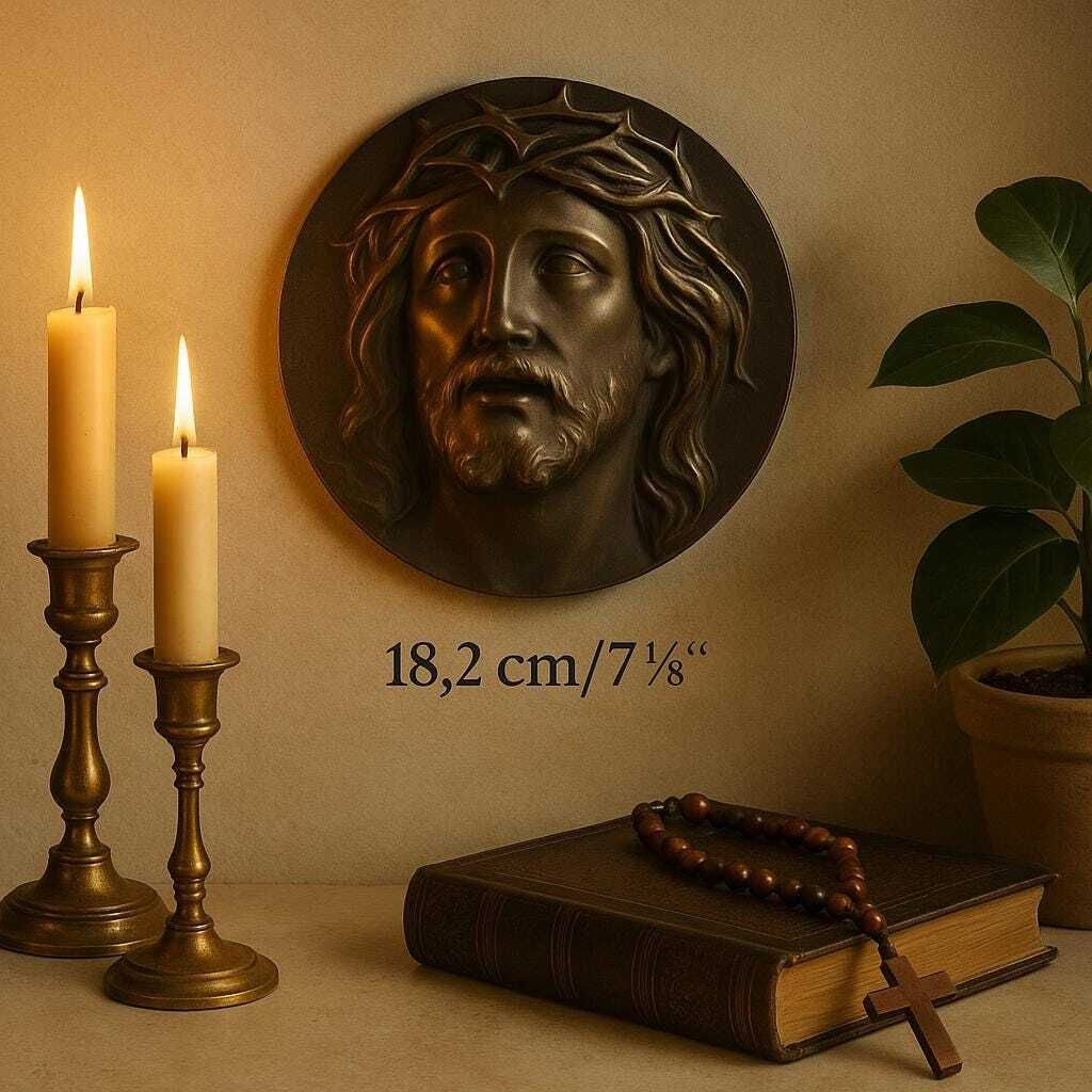 Antique Bronze Plaque Of Christ Signed A. Dubois, Sacred Art, 1930s, Crowned Jesus Face, Religious Wall Decor photo furniture