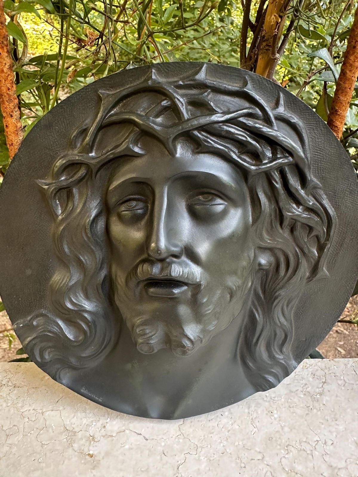 Antique Bronze Plaque Of Christ Signed A. Dubois, Sacred Art, 1930s, Crowned Jesus Face, Religious Wall Decor photo for sale