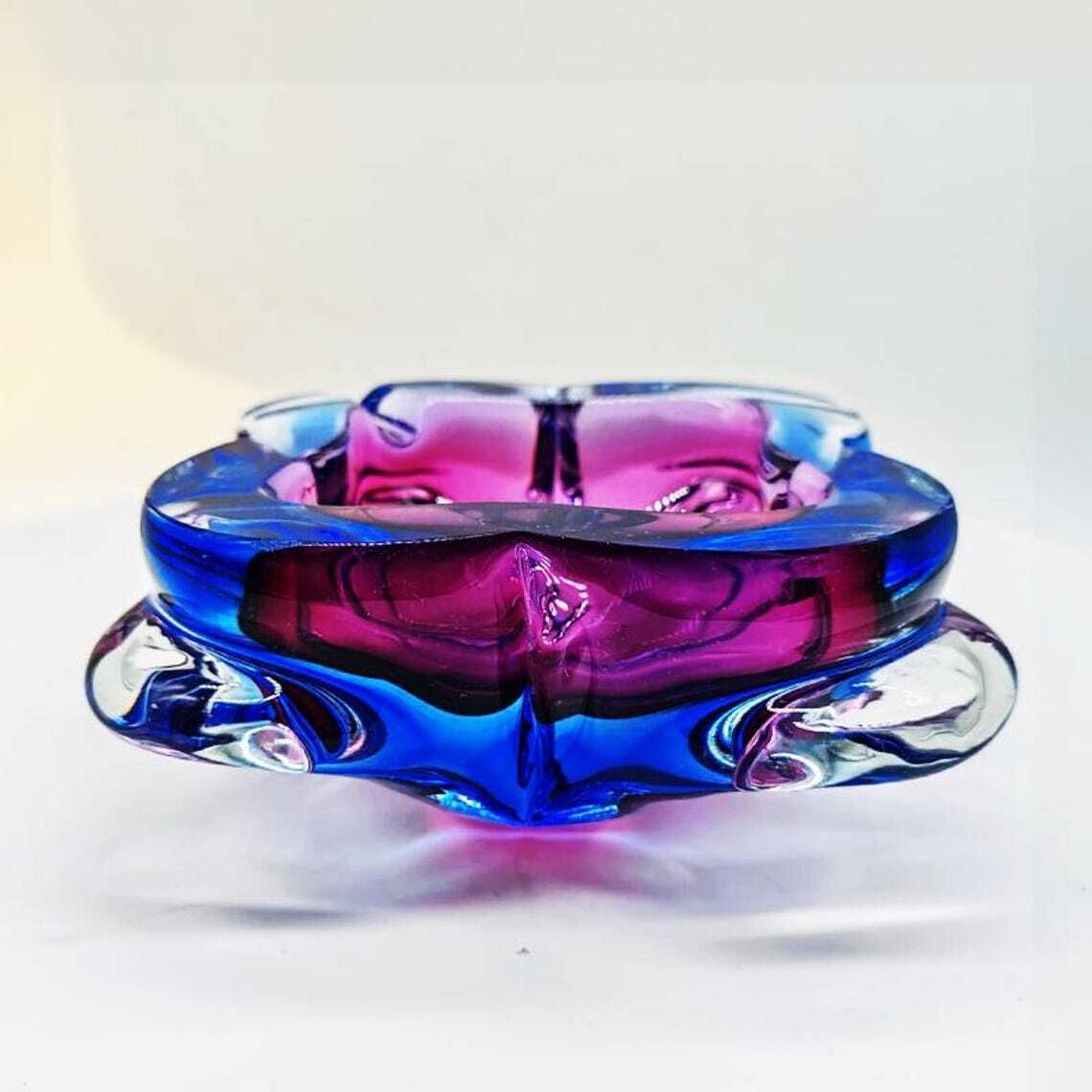 1960s Stunning Pink And Sky Blue Ashtray Or Catch All In Murano Glass. Made In Italy.