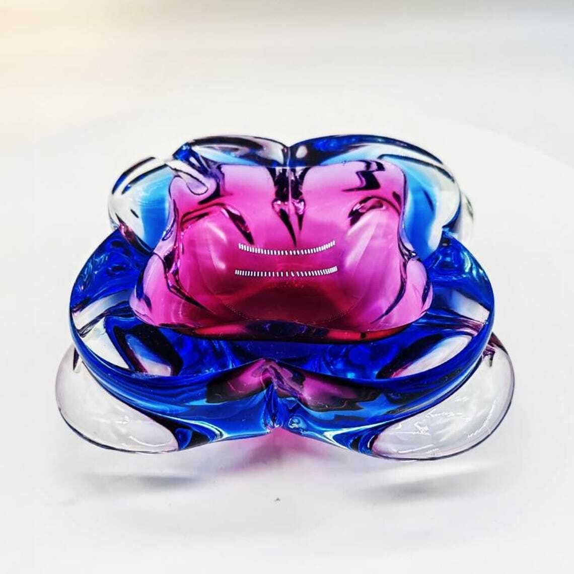 1960s Stunning Pink And Sky Blue Ashtray Or Catch All In Murano Glass. Made In Italy. photo furniture