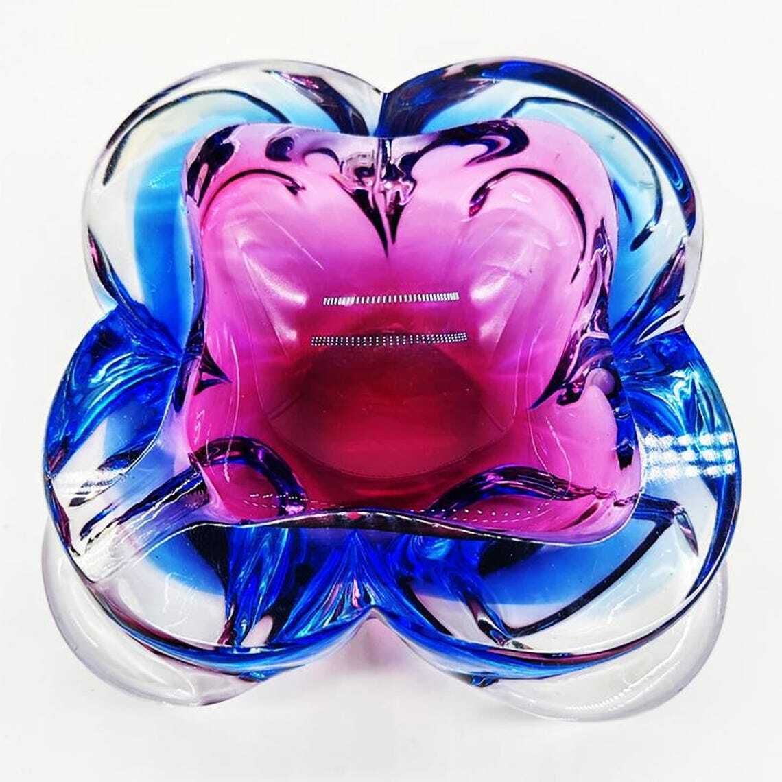 1960s Stunning Pink And Sky Blue Ashtray Or Catch All In Murano Glass. Made In Italy. photo Home Decor