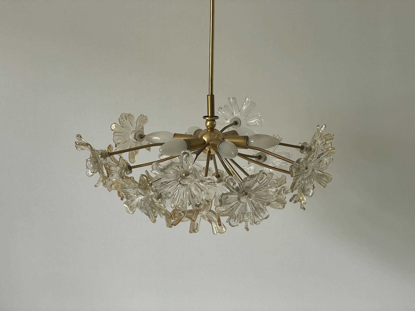 Flower Shape Crystal Glass And Brass Pendant Lamp, 1960s, Germany photo Lighting