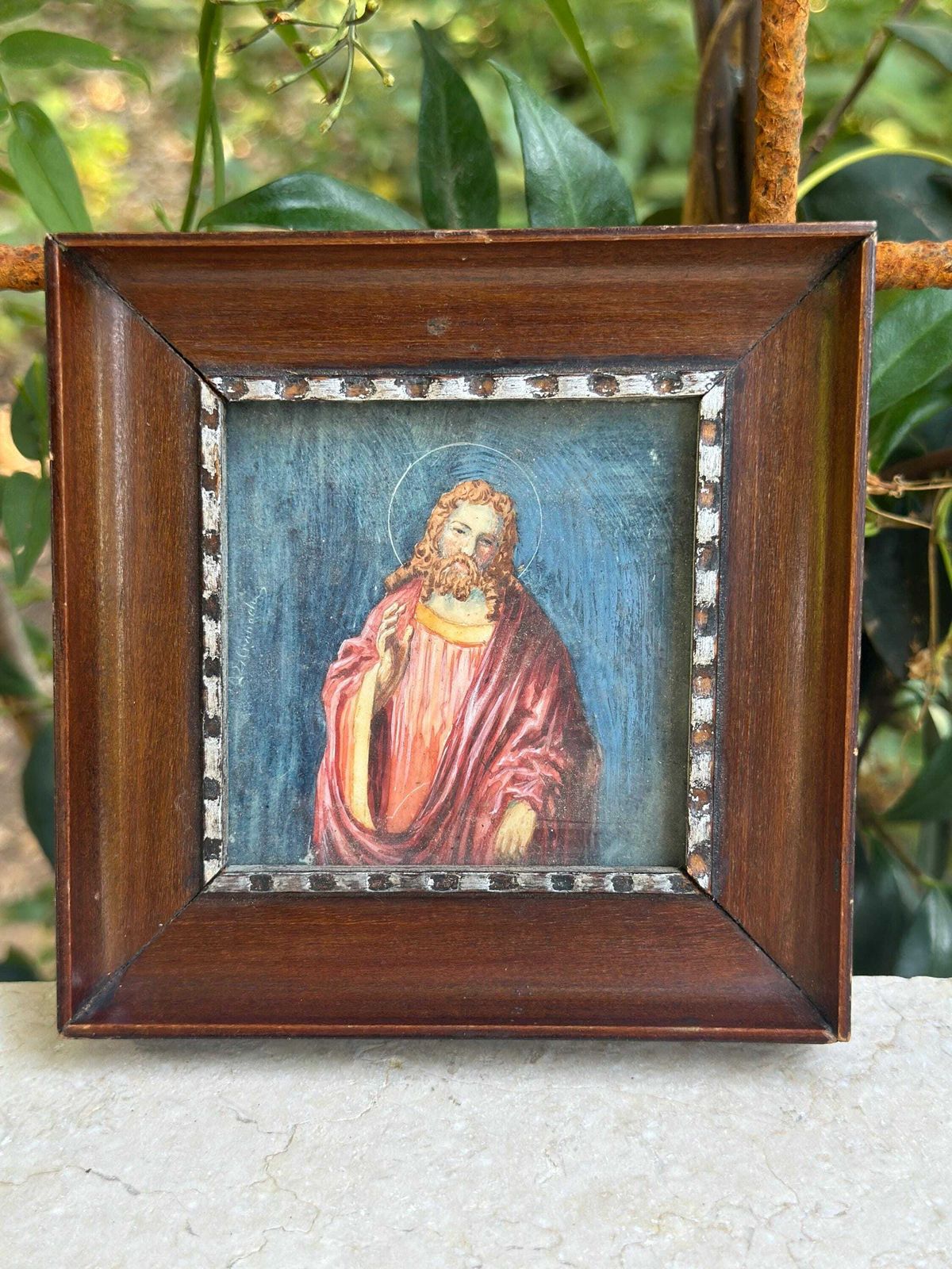 French Antique Small Religious Painting Of Christ, Late 19th Century, Framed Painting On Cardboard, Sacred Art