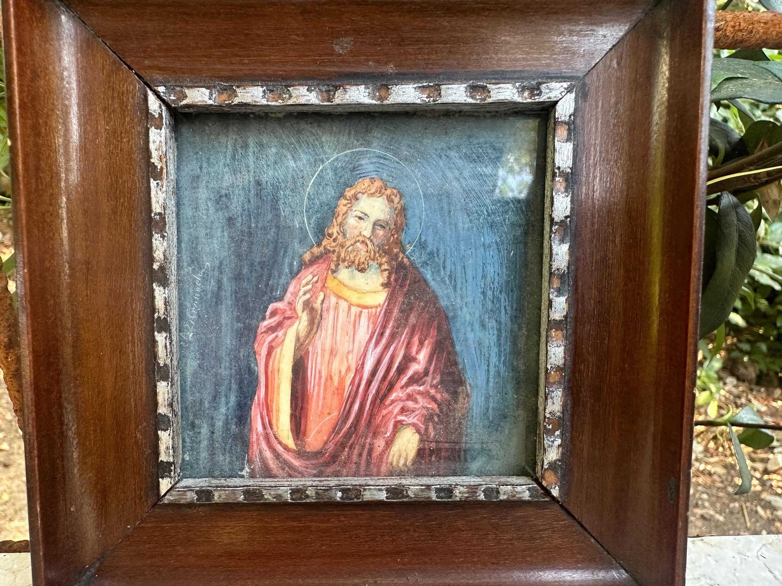 French Antique Small Religious Painting Of Christ, Late 19th Century, Framed Painting On Cardboard, Sacred Art photo furniture