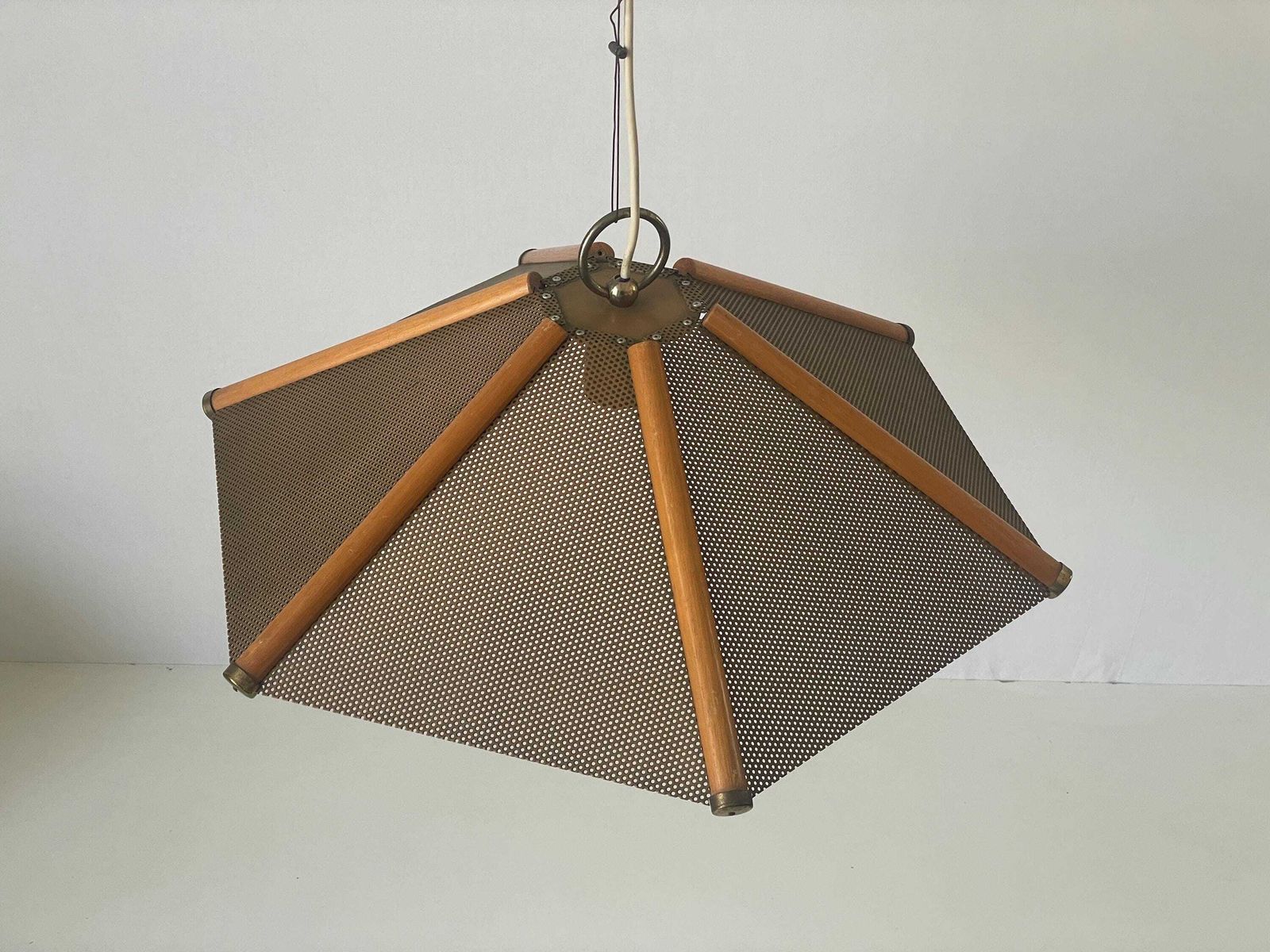 6 Leaves Wood Lines And Metal Body Pendant Lamp, 1960s, Italy photo for sale