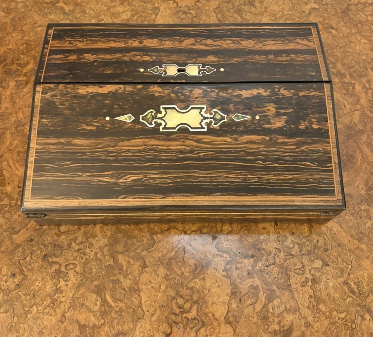 Unusual Antique 19th Century Quality Inlaid Coromandel Wood Writing Box photo for sale