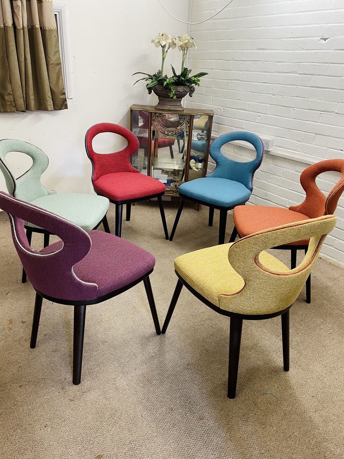 Set Of 6 Vintage Italian Dining Chairs Reupholstered In Multicoloured Fabric photo for sale