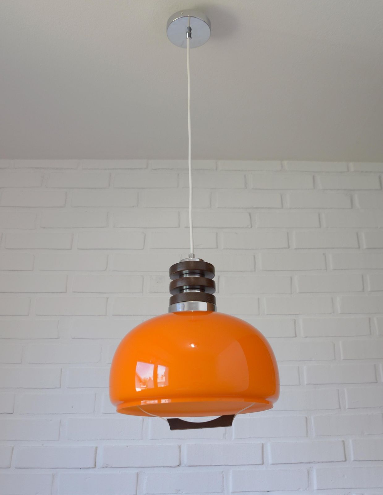Vintage Orange Pendant Light In Mid Century Modern Style / Space Age Hanging Lamp / Glass Light Fixture / Yugoslavia 1970's / Retro Lamp photo for sale
