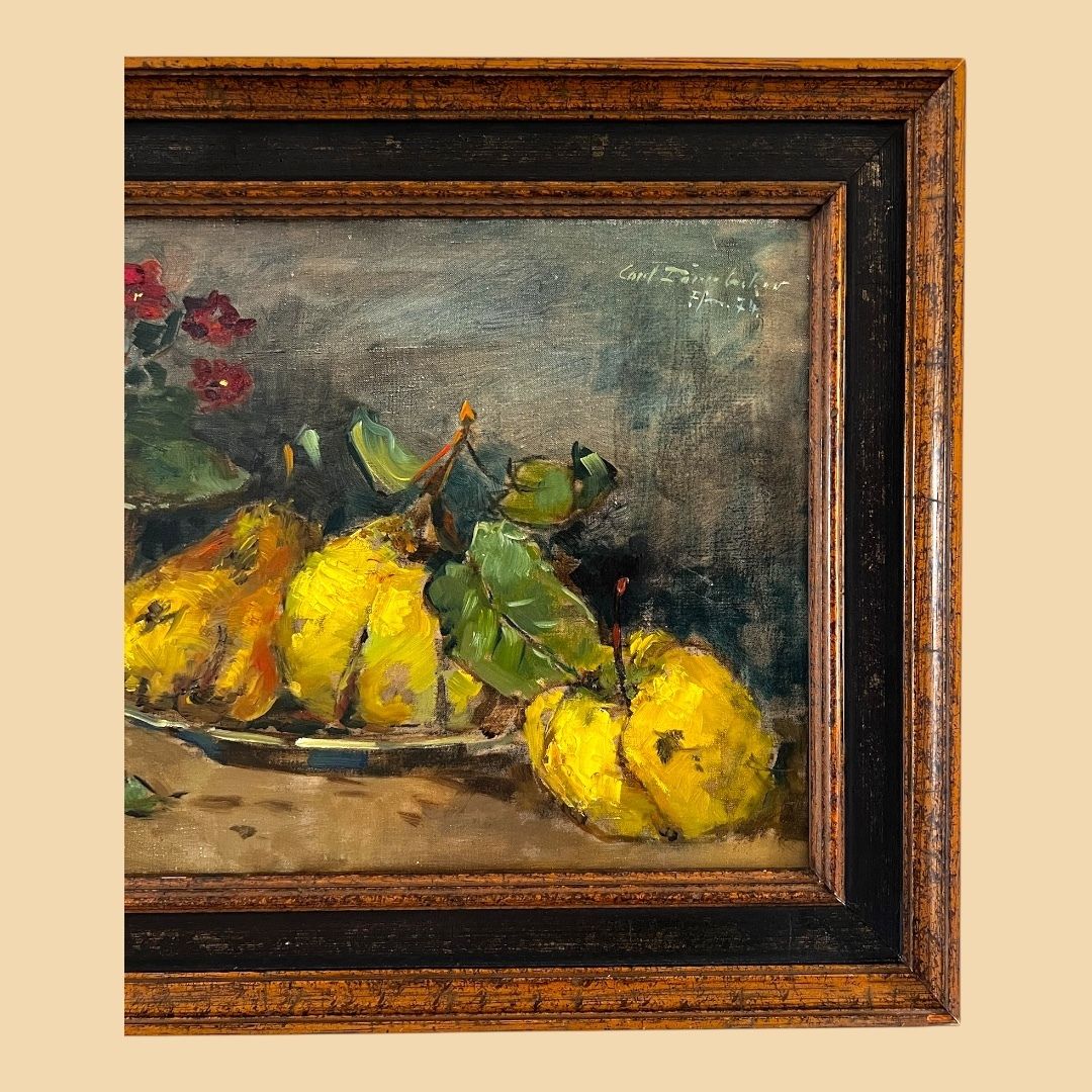 Fruit And Flower Cup, Original German Oil On Canvas Still Life Painting photo furniture